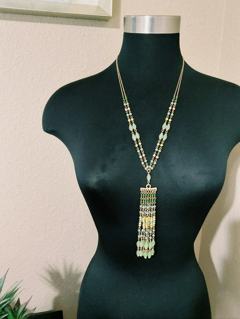 Gold Green Glass Bead Necklace Tassel Lariat Style